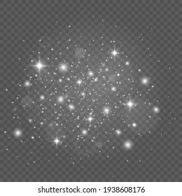 White sparks and stars glitter special light effect. Christmas abstract pattern. Sparkling magic dust particles. Vector sparkles on transparent background.