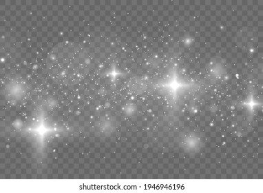 White sparks and stars glitter special light effect. Christmas abstract pattern. Sparkling magic dust particles. Vector sparkles on transparent background.