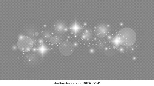 White sparks and stars glitter special light effect. Christmas abstract pattern. Sparkling magic dust particles. Vector sparkles on transparent background.