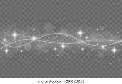 White sparks and stars glitter special light effect. Christmas abstract pattern. Sparkling magic dust particles. Vector sparkles on transparent background.