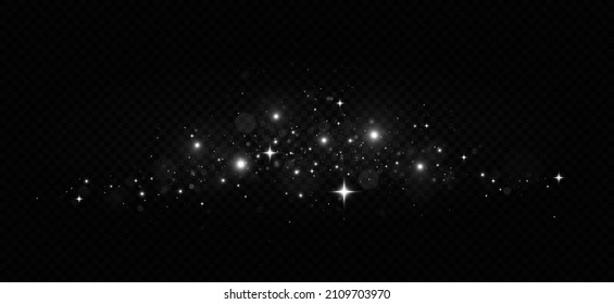 White sparks and stars glitter special light effect. Christmas abstract pattern. Sparkling magic dust particles. Vector sparkles on transparent background.