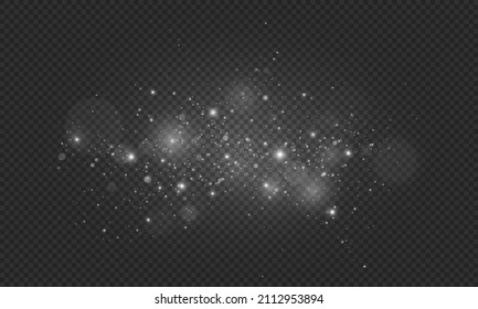 White sparks and stars glitter special light effect. Christmas abstract pattern. Vector sparkles on transparent background.