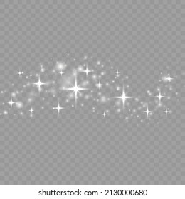 White sparks and stars glitter special light effect. Dust sparks glitter, star night sky, space, dusty shine light. White glitter wave on transparent background. Shining flare bokeh. Vector.