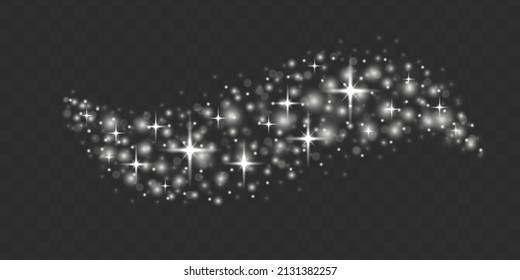 White sparks and stars glitter special light effect. Dust sparks glitter, star night sky, space, dusty shine light. White glitter wave on transparent background. Shining flare bokeh. Vector.