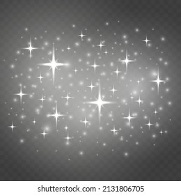 White sparks and stars glitter special light effect. Dust sparks glitter, star night sky, space, dusty shine light. White glitter wave on transparent background. Shining flare bokeh. Vector.