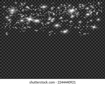 White sparks and stars glitter special light effect. Christmas abstract pattern. Sparkling magic dust particles. Vector sparkles on transparent background.