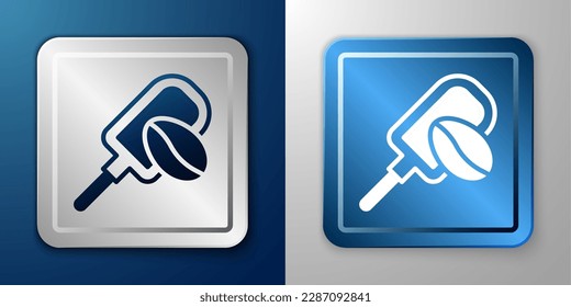 White Spatula with coffee grain icon isolated on blue and grey background. Coffee beans. Silver and blue square button. Vector