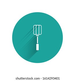 White Spatula icon isolated with long shadow. Kitchen spatula icon. BBQ spatula sign. Barbecue and grill tool. Green circle button. Vector Illustration