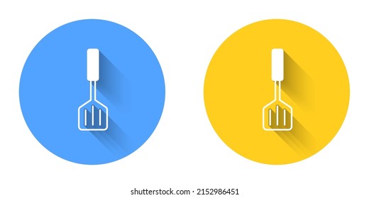 White Spatula icon isolated with long shadow background. Kitchen spatula icon. BBQ spatula sign. Barbecue and grill tool. Circle button. Vector