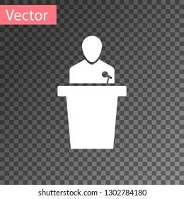 White Speaker icon isolated on transparent background. Orator speaking from tribune. Public speech. Person on podium. Vector Illustration