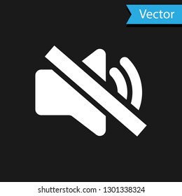 White Speaker mute icon isolated on black background. No sound icon. Volume Off symbol. Vector Illustration