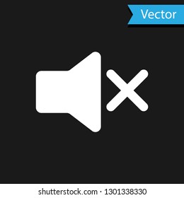 White Speaker mute icon isolated on black background. No sound icon. Volume Off symbol. Vector Illustration