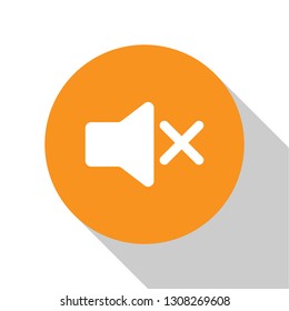 White Speaker mute icon isolated on white background. No sound icon. Volume Off symbol. Orange circle button. Flat design. Vector Illustration