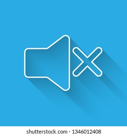 White Speaker mute icon isolated with long shadow. No sound icon. Volume Off symbol. Vector Illustration