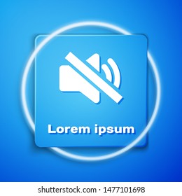 White Speaker mute icon isolated on blue background. No sound icon. Volume Off symbol. Blue square button. Vector Illustration
