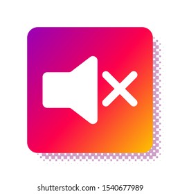 White Speaker mute icon isolated on white background. No sound icon. Volume Off symbol. Square color button. Vector Illustration