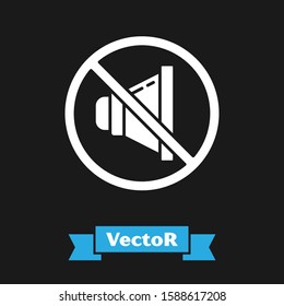 White Speaker mute icon isolated on black background. No sound icon. Volume Off symbol.  Vector Illustration