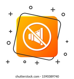 White Speaker mute icon isolated on white background. No sound icon. Volume Off symbol. Orange square button. Vector Illustration