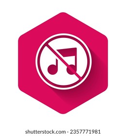 White Speaker mute icon isolated with long shadow background. No sound icon. Volume Off symbol. Pink hexagon button. Vector