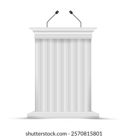 White speaker podium, preacher tribune. Conference stage speech stand with two microphones, press or debate orator pulpit. 3D realistic vector illustration isolated on white.