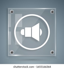 White Speaker volume, audio voice sound symbol, media music icon isolated on grey background. Square glass panels. Vector Illustration