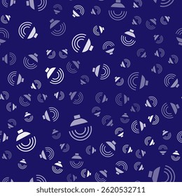White Speaker volume, audio voice sound symbol, media music icon isolated seamless pattern on blue background.  Vector Illustration