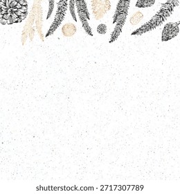 Fundo manchado branco com ilustrações botânicas em preto e bege. O fundo é texturizado e apresenta branco como a cor primária. Plano de fundo com vetor de espaço de cópia.