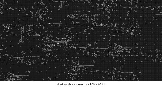 Weiße Flecken auf schwarzem Hintergrund. Nahtlose Staub-Rauschfilm-Textur. Alte farbige Teilchen, Kratzer, Fasern, Flecken, sich wiederholende Tapeten. Vintage grobe Schmutzauflage. Vektorsandfleckeneffekt