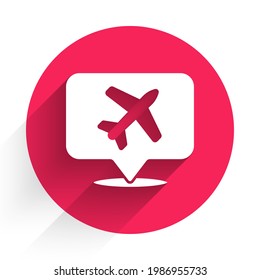 White Speech bubble with airplane travel icon isolated with long shadow. Plane flight transport sign. Holidays symbol. Red circle button. Vector Illustration