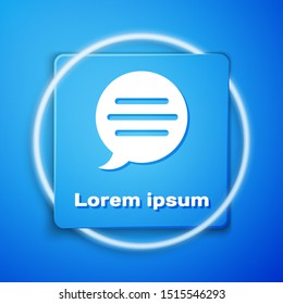 White Speech bubble chat icon isolated on blue background. Message icon. Communication or comment chat symbol. Blue square button. Vector Illustration