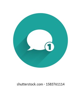 White Speech bubble chat icon isolated with long shadow. Message icon. Communication or comment chat symbol. Green circle button. Vector Illustration