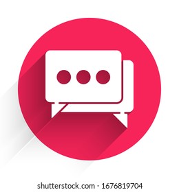 White Speech bubble chat icon isolated with long shadow. Message icon. Communication or comment chat symbol. Red circle button. Vector Illustration
