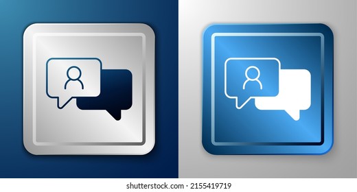 White Speech bubble chat icon isolated on blue and grey background. Message icon. Communication or comment chat symbol. Silver and blue square button. Vector