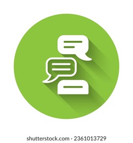 White Speech bubble chat icon isolated with long shadow. Message icon. Communication or comment chat symbol. Green circle button. Vector