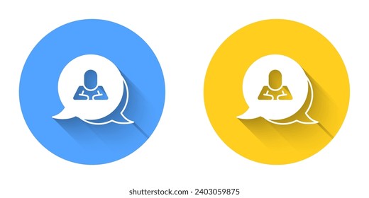 White Speech bubble chat icon isolated with long shadow background. Message icon. Communication or comment chat symbol. Circle button. Vector