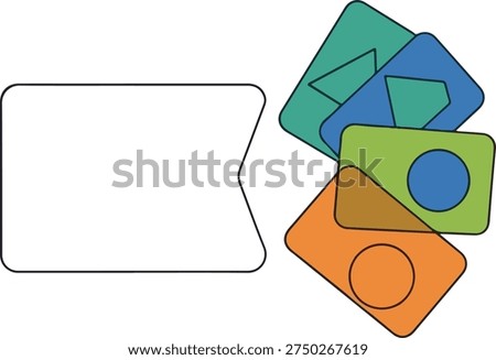 White speech bubble; colorful abstract shapes; message space