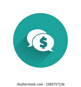 White Speech bubble with dollar icon isolated with long shadow. Badge for price. Sale with dollar symbol. Promo tag discount. Green circle button. Vector Illustration