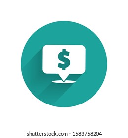 White Speech bubble with dollar icon isolated with long shadow. Badge for price. Sale with dollar symbol. Promo tag discount. Green circle button. Vector Illustration