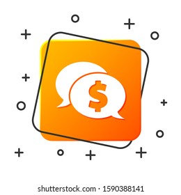 White Speech bubble with dollar icon isolated on white background. Badge for price. Sale with dollar symbol. Promo tag discount. Orange square button. Vector Illustration