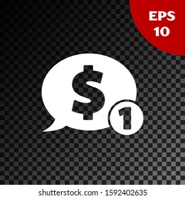 White Speech bubble with dollar icon isolated on transparent dark background. Badge for price. Sale with dollar symbol. Promo tag discount.  Vector Illustration