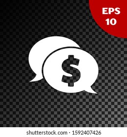 White Speech bubble with dollar icon isolated on transparent dark background. Badge for price. Sale with dollar symbol. Promo tag discount.  Vector Illustration