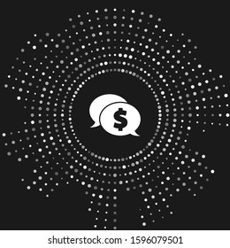 White Speech bubble with dollar icon isolated on grey background. Badge for price. Sale with dollar symbol. Promo tag discount. Abstract circle random dots. Vector Illustration