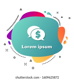 White Speech bubble with dollar icon isolated on white background. Badge for price. Sale with dollar symbol. Promo tag discount. Abstract banner with liquid shapes. Vector Illustration