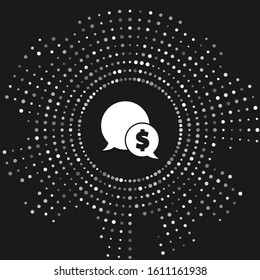White Speech bubble with dollar icon isolated on grey background. Badge for price. Sale with dollar symbol. Promo tag discount. Abstract circle random dots. Vector Illustration