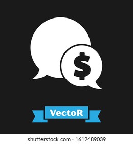 White Speech bubble with dollar icon isolated on black background. Badge for price. Sale with dollar symbol. Promo tag discount.  Vector Illustration
