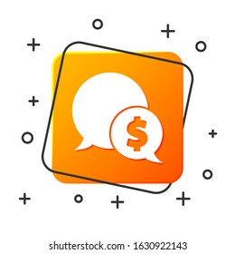 White Speech bubble with dollar icon isolated on white background. Badge for price. Sale with dollar symbol. Promo tag discount. Orange square button. Vector Illustration