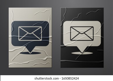 White Speech bubble with envelope icon isolated on crumpled paper background. Paper art style. Vector Illustration