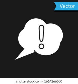 White Speech bubble and Exclamation icon isolated on black background. FAQ sign. Copy files, chat speech bubble and chart.  Vector Illustration