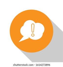 White Speech bubble and Exclamation icon isolated on white background. FAQ sign. Copy files, chat speech bubble and chart. Orange circle button. Vector Illustration
