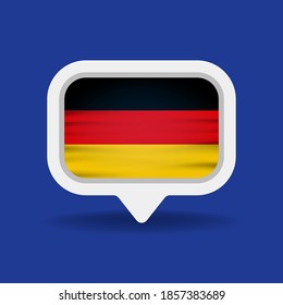 White speech bubble with Germany flag and long shadow on orange background. German language conceptual illustration.
